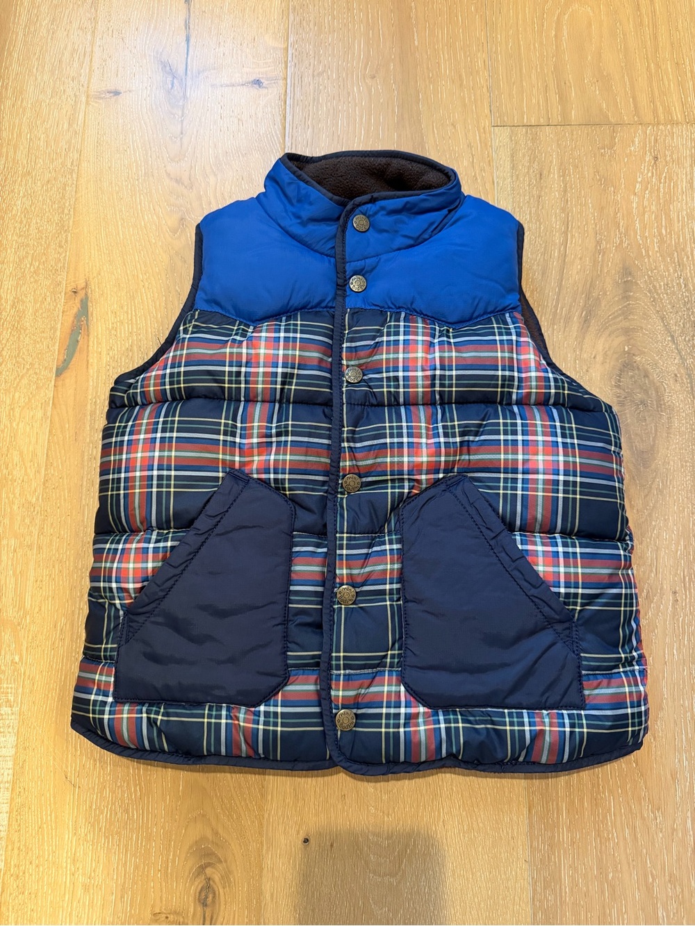 Mini Boden Navy & Blue Plaid Puffer Vest